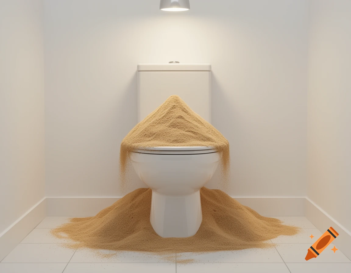 Photorealistic white toilet overflowing with a large pile of sand in a clean bathroom.