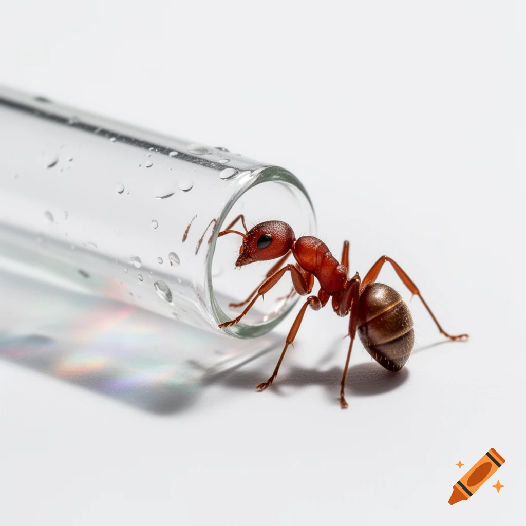 A close-up, photorealistic shot of a red ant standing next to a clear glass test tube with water droplets on a white surface.