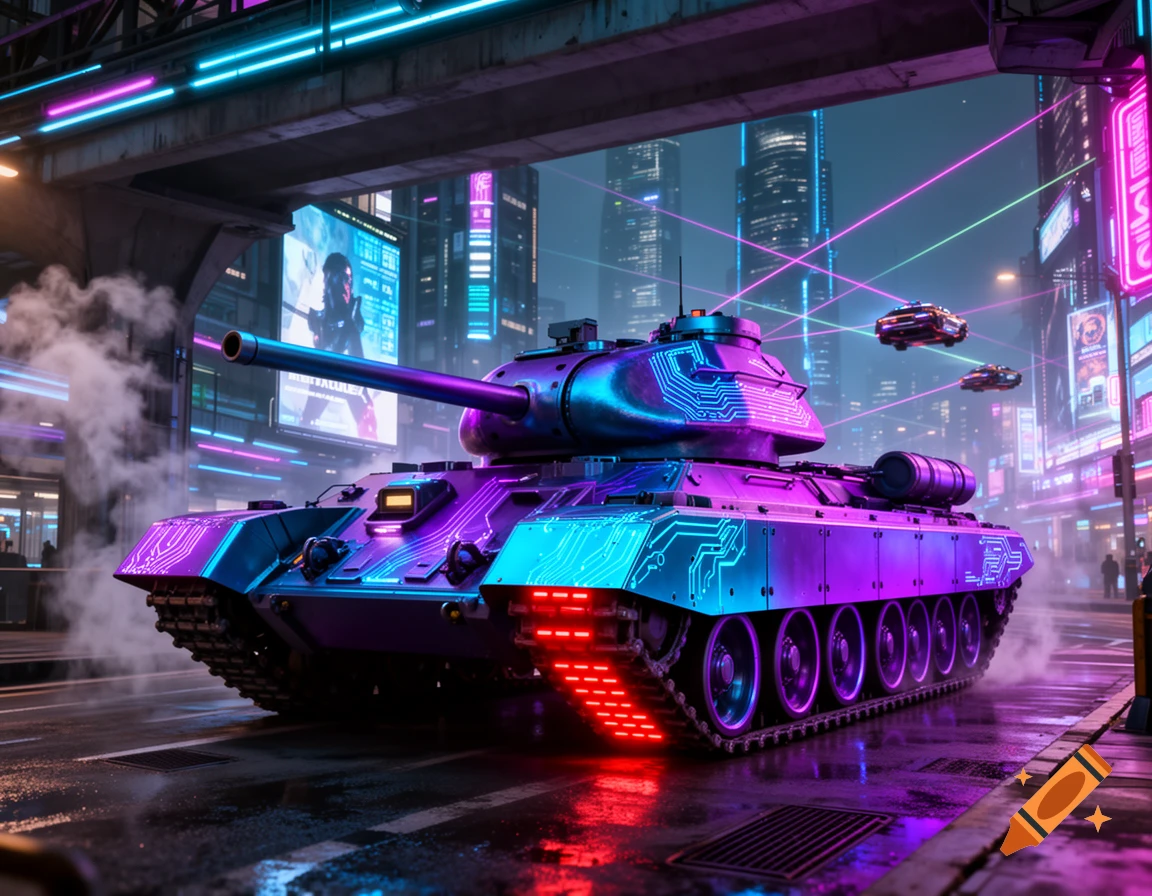 A vibrant cyberpunk tank with glowing purple and blue circuit patterns sits on a wet city street at night, illuminated by neon signs and futuristic buildings.