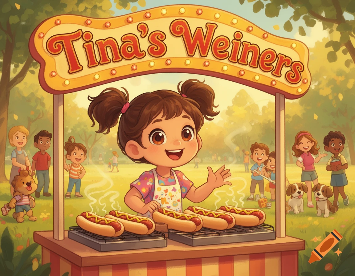 A cute cartoon girl sells hot dogs from a stand with a "Tina's Weiners" sign in a sunny park, with other children and dogs in the background.