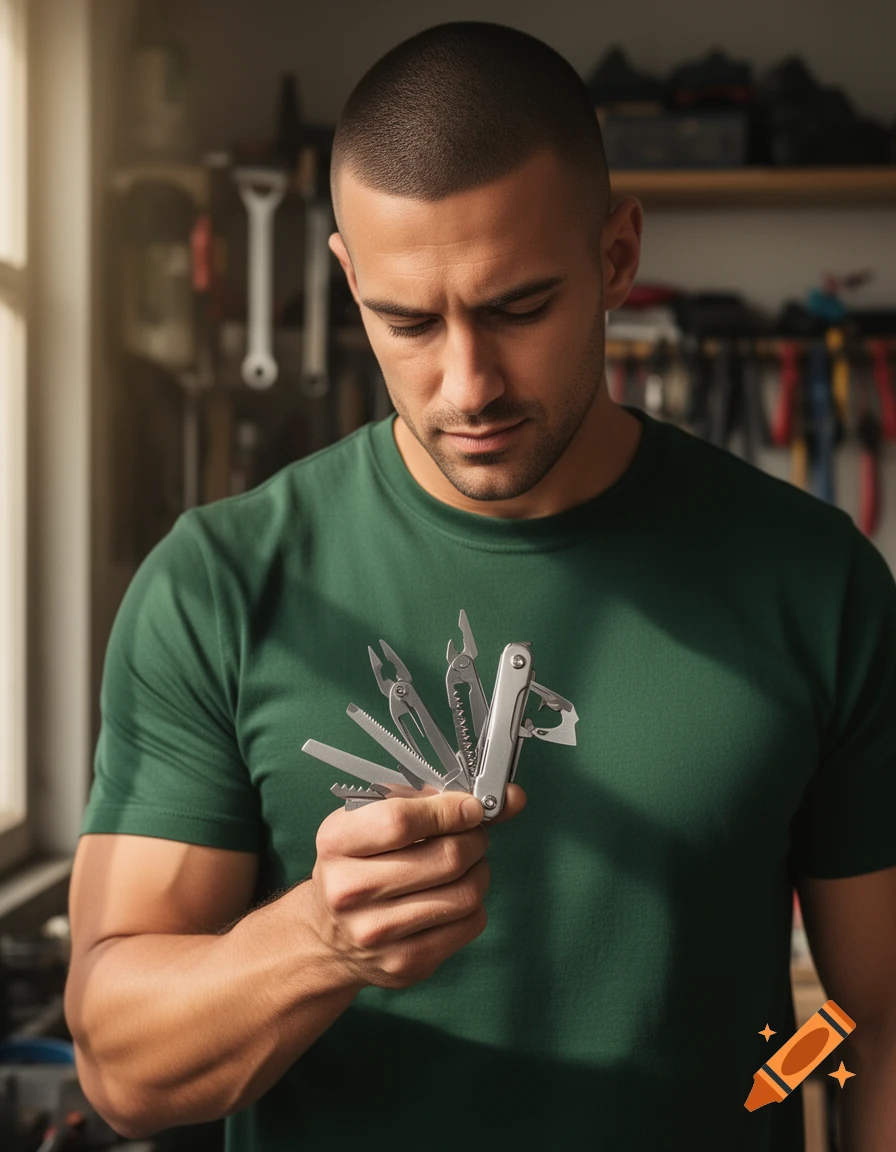 A man with a crew cut and green t-shirt examines a silver multitool in a workshop.