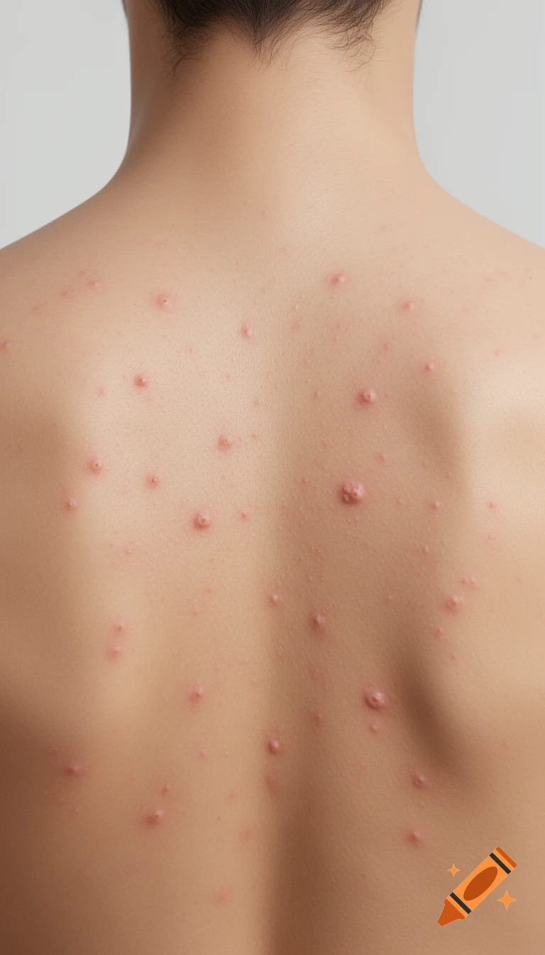A close-up view of a person's upper back showing various small acne blemishes and realistic skin texture.