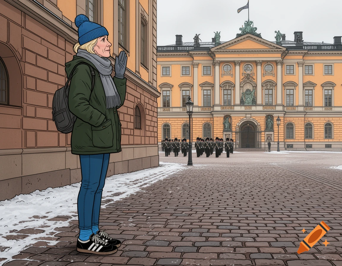 Comic illustration of a woman in a blue hat and green coat watching guards at the Royal Palace in Stockholm in winter.
