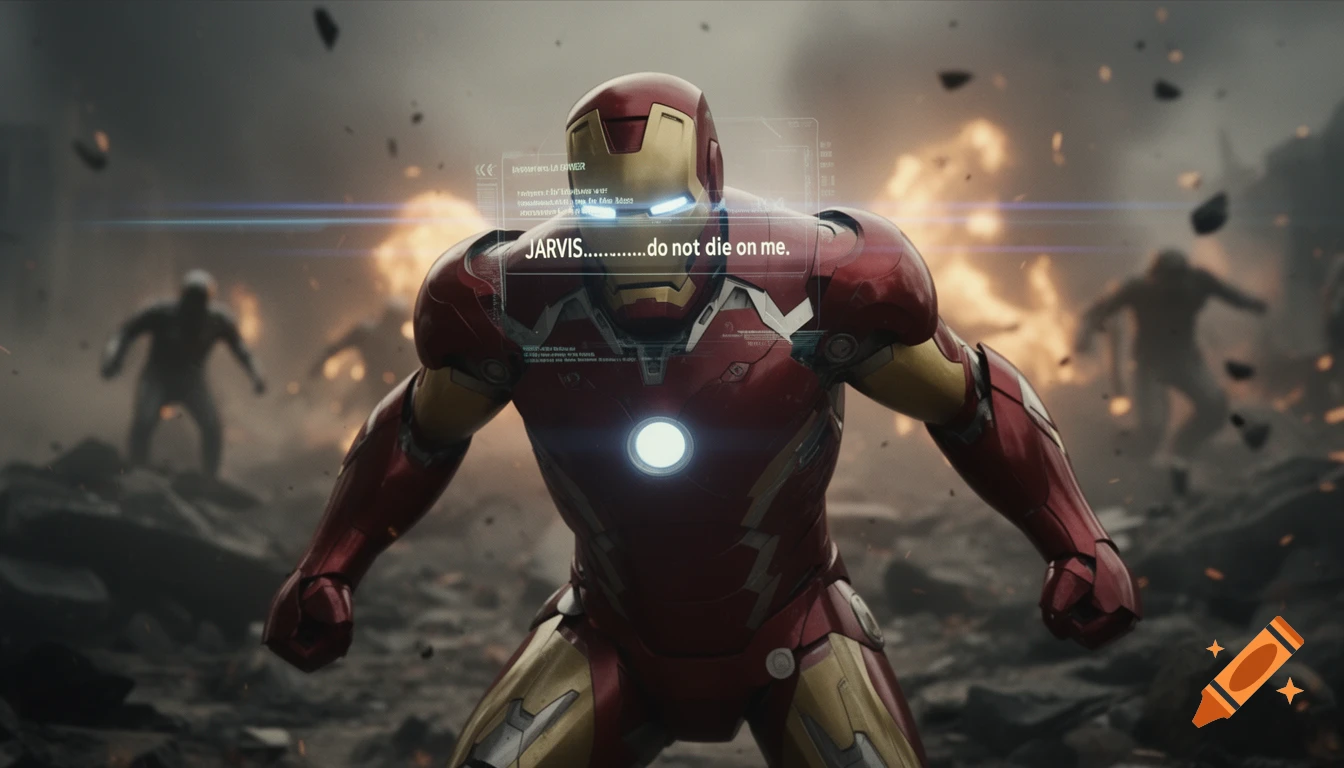 Iron Man stands amidst explosions and debris, a holographic display above his helmet reads 'JARVIS......... do not die on me'.
