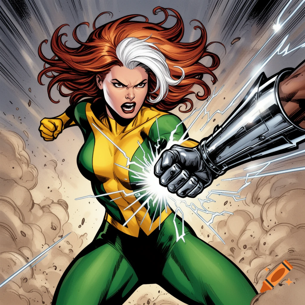 Comic book illustration of Rogue from X-Men in her green and yellow suit, punching a silver armored arm with an energy burst.