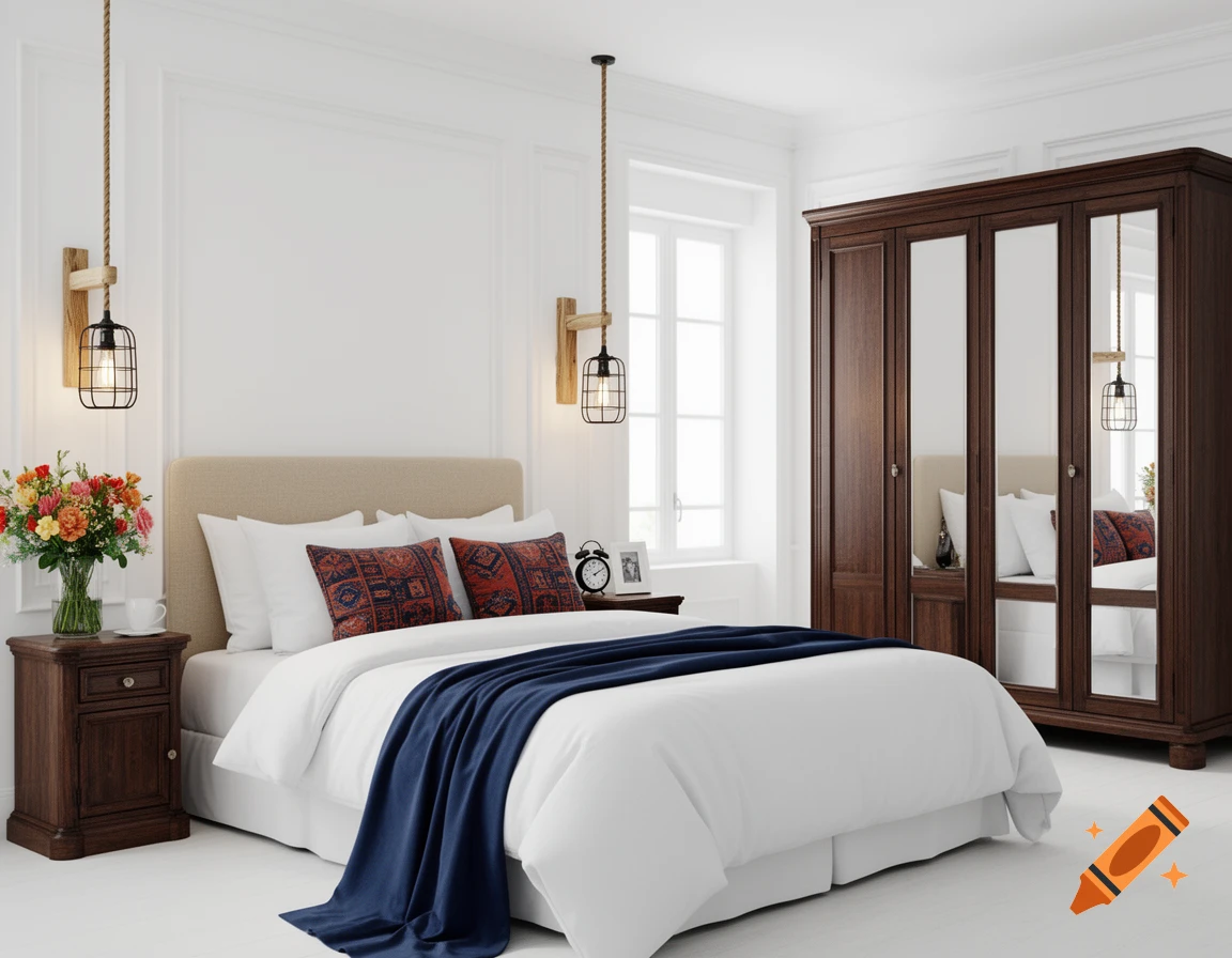 Spacious bedroom with white walls, a bed with white bedding, ethnic print cushions, dark wood nightstands, industrial pendant lights, and a mirrored wardrobe.