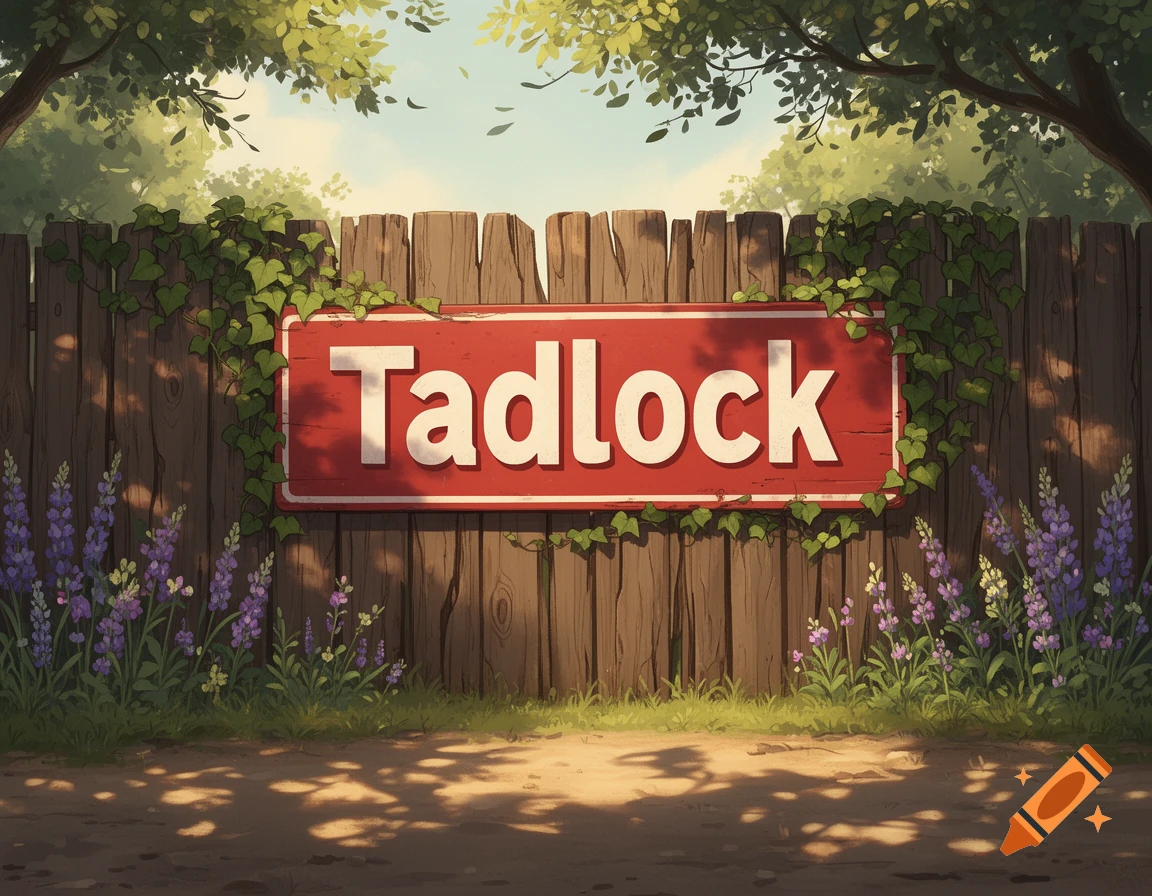 An illustration of a red sign with the word "Tadlock" on a wooden fence, surrounded by green ivy and purple flowers.
