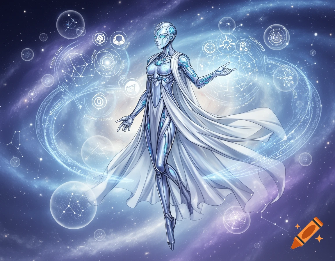A stylized humanoid robot or alien figure in a flowing white garment, with glowing blue accents, stands against a cosmic backdrop filled with stars, nebulae, and luminous, intricate geometric and textual patterns.