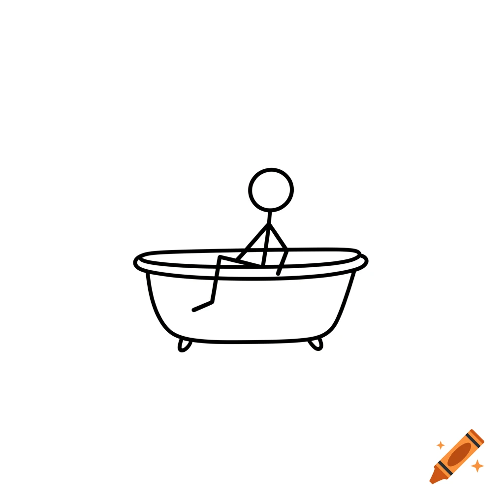 Minimalist 2D black stick figure drawing in hand-drawn doodle style, sitting in a basic cartoon bathtub on a white background.