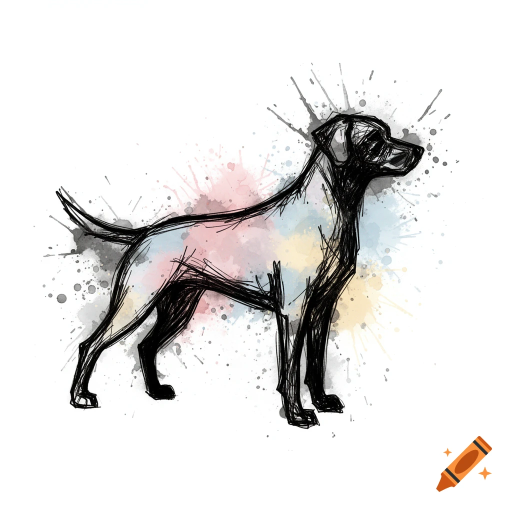 Rough drawn black dog silhouette with ink splatters and pastel infill on a white background.