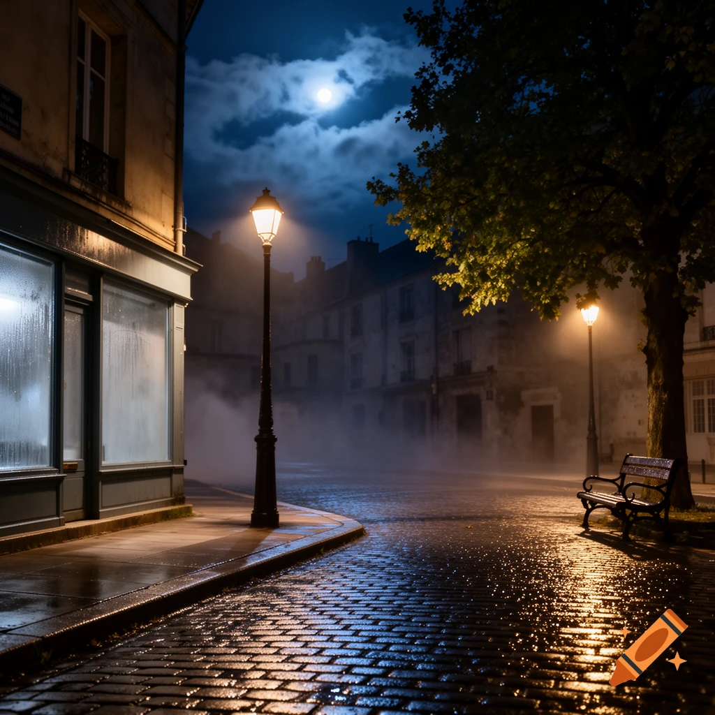 A foggy cobblestone street at night, illuminated by streetlights and a full moon, with wet reflections and old buildings.
