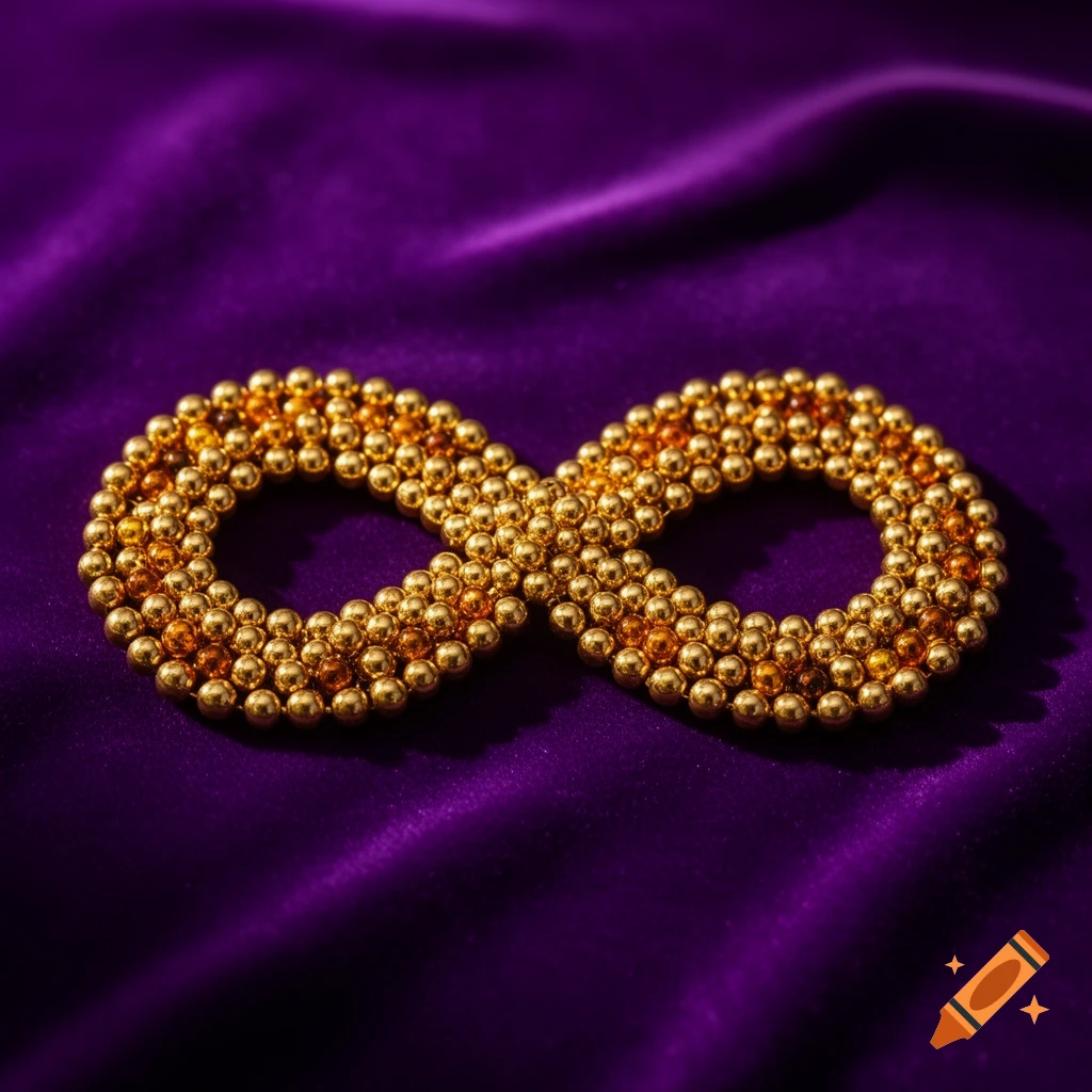 A gold infinity sign, crafted from numerous small beads, rests on a luxurious deep purple velvet surface.