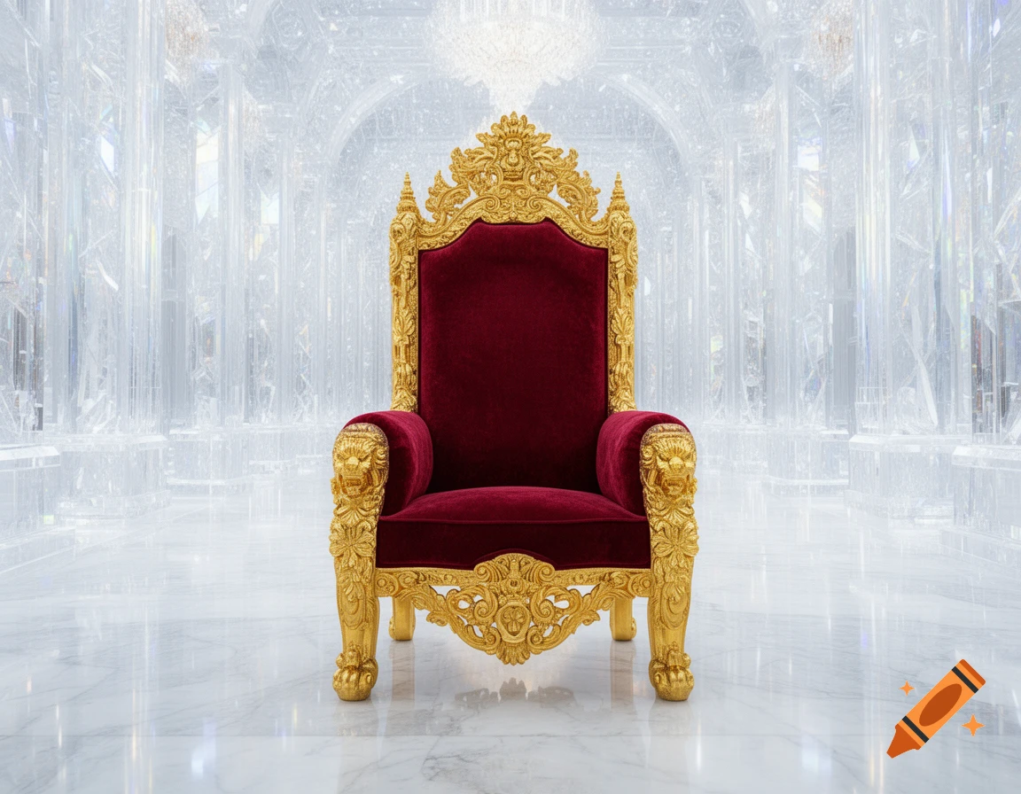 A majestic golden throne with red velvet upholstery in a glittering crystal hall.