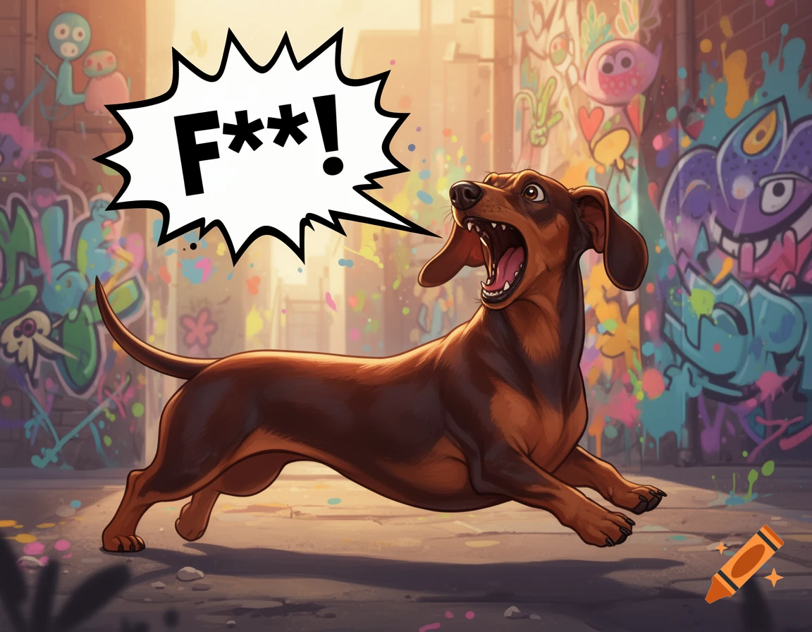 A cartoon brown dachshund barks and runs, with a speech bubble saying 'F**!' against a vibrant graffiti-covered alley.