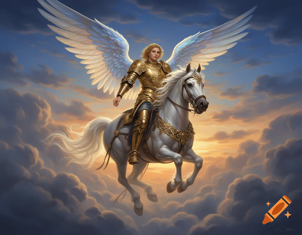 An armored angel with blonde hair rides a white horse through a cloudy sky at sunset, in a Renaissance art style.