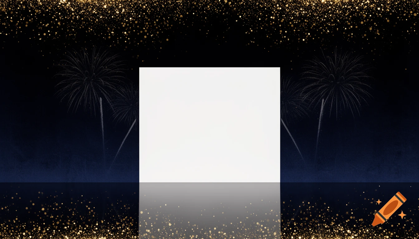Elegant New Year's Eve background with gold glitter, subtle fireworks, and a blank white reflective rectangle.