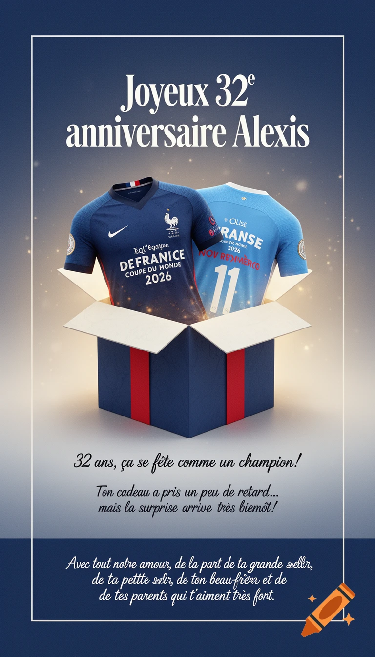 An elegant birthday card with a blue-white-red background, featuring an open gift box with two football jerseys inside: a dark blue one with 'DEFRANCE COUPE DU MONDE 2026' and a light blue one with 'OLISE' and '11'. Text reads 'Joyeux 32e anniversaire Alexis' and a birthday message.