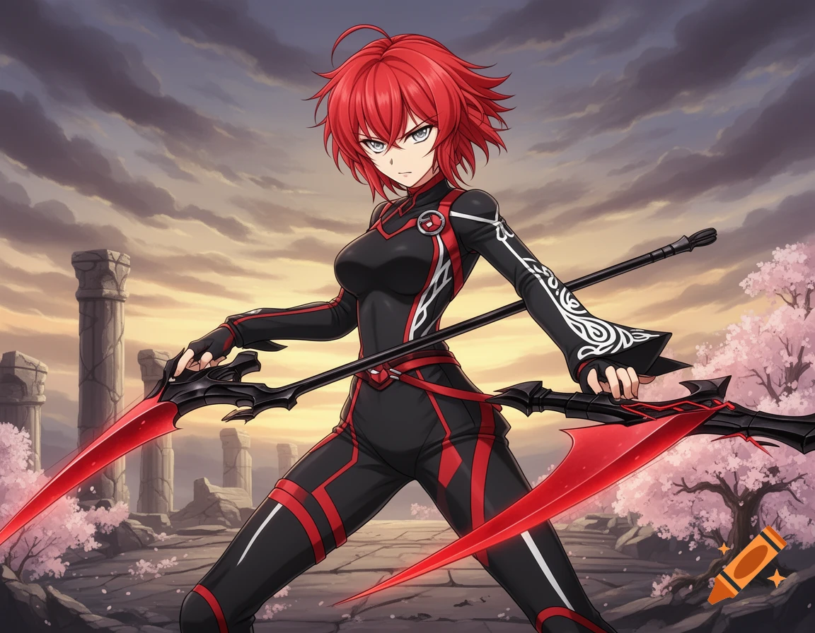 Red-haired anime girl in black and red suit holds two fantasy scythes in ruined landscape with cherry blossoms at sunset.