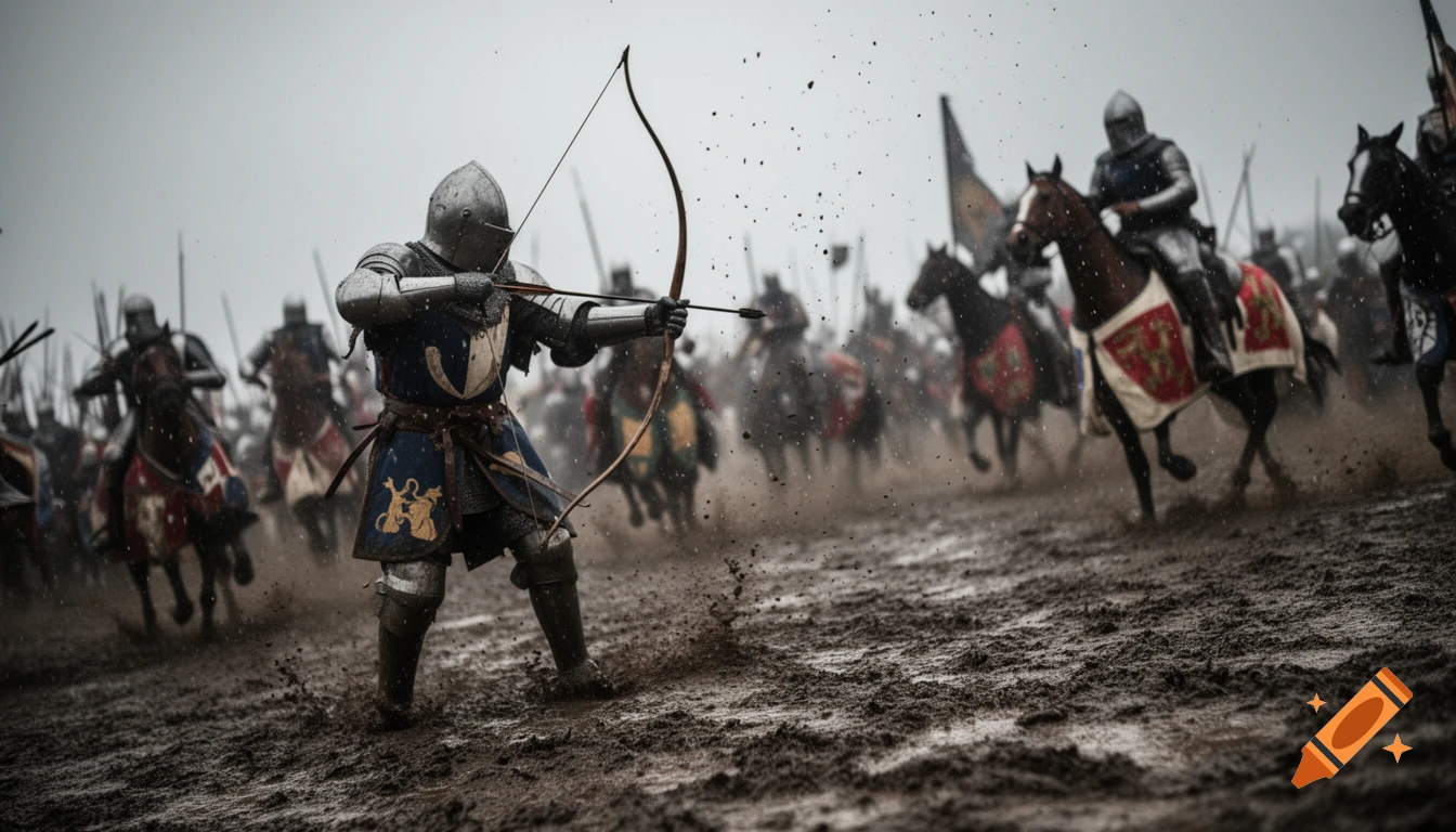 Photorealistic image of a medieval knight archer aiming in a muddy battlefield as cavalry charges in the background.