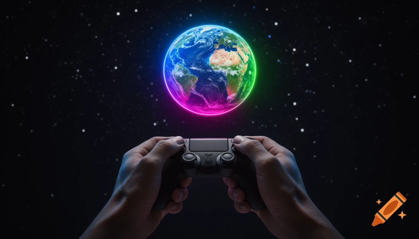 Close up of hands holding a black game controller with a glowing, neon-rimmed Earth globe floating behind against a star-filled dark background.