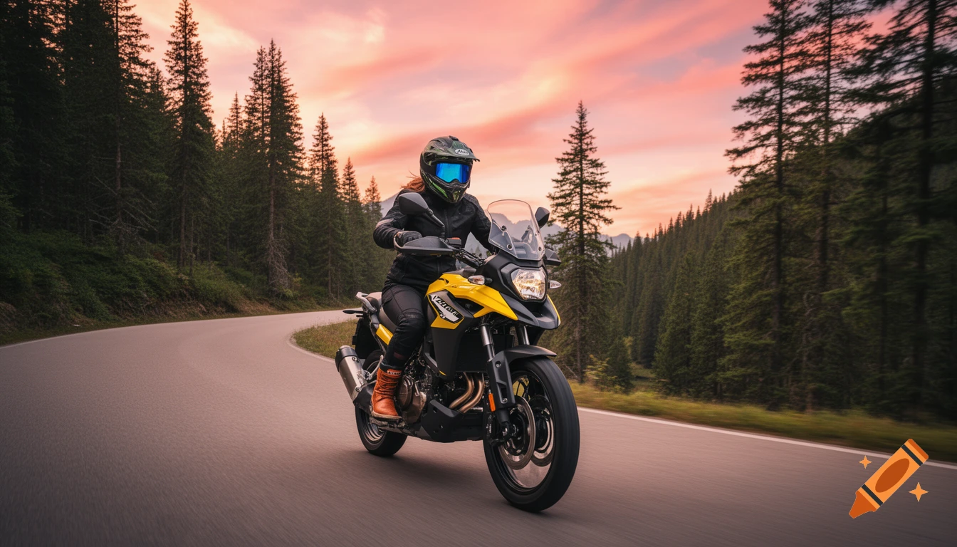 Woman in protective gear rides a yellow and black motorcycle on a winding road through a pine forest at sunset.