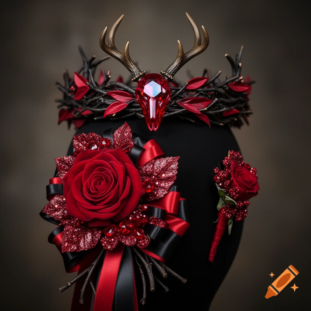 A gothic crown with deer antlers and a ruby deer skull, paired with a matching red rose, black ribbon corsage and boutonniere.