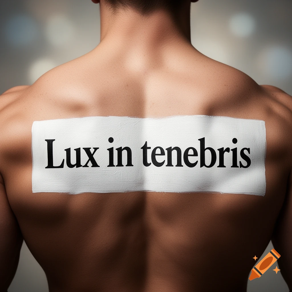 A man's muscular bare back with 'Lux in tenebris' written in a white rectangle on it, photorealistic.