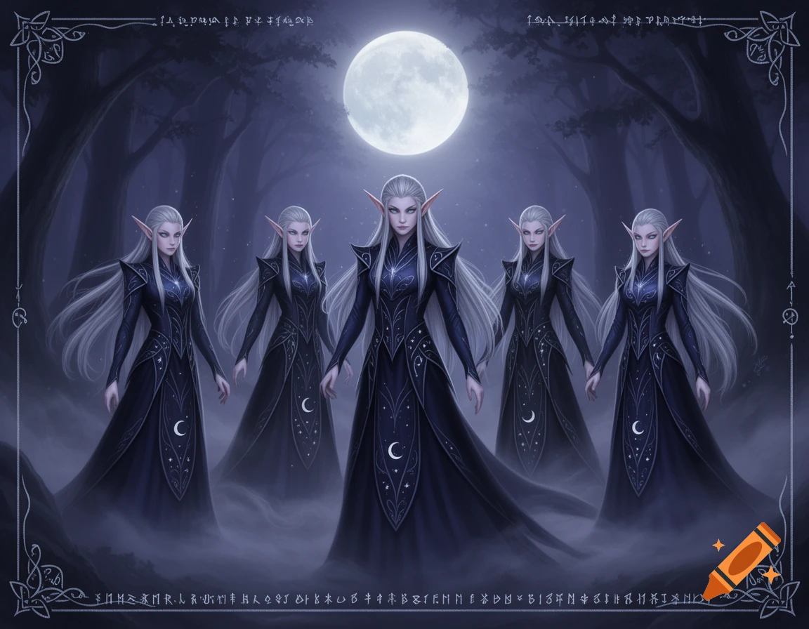 Five silver-haired elves in dark, flowing robes with crescent moon designs stand in a misty forest under a full moon.