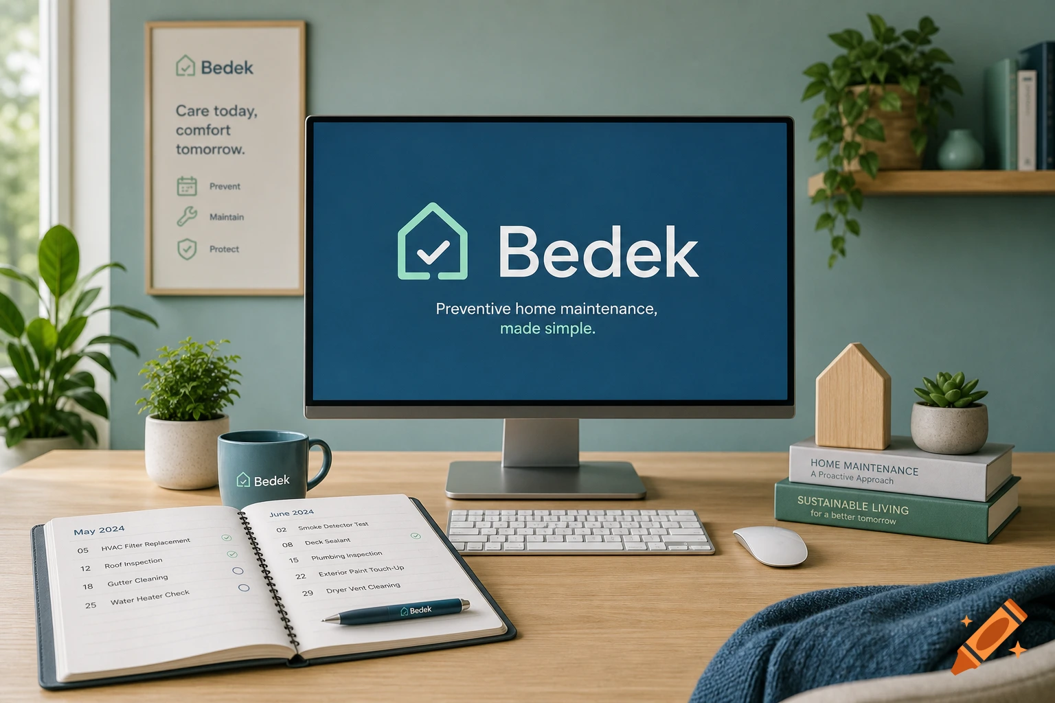 A modern desk setup with a computer showing the 'Bedek' logo, a notebook with home maintenance tasks, plants, and books.