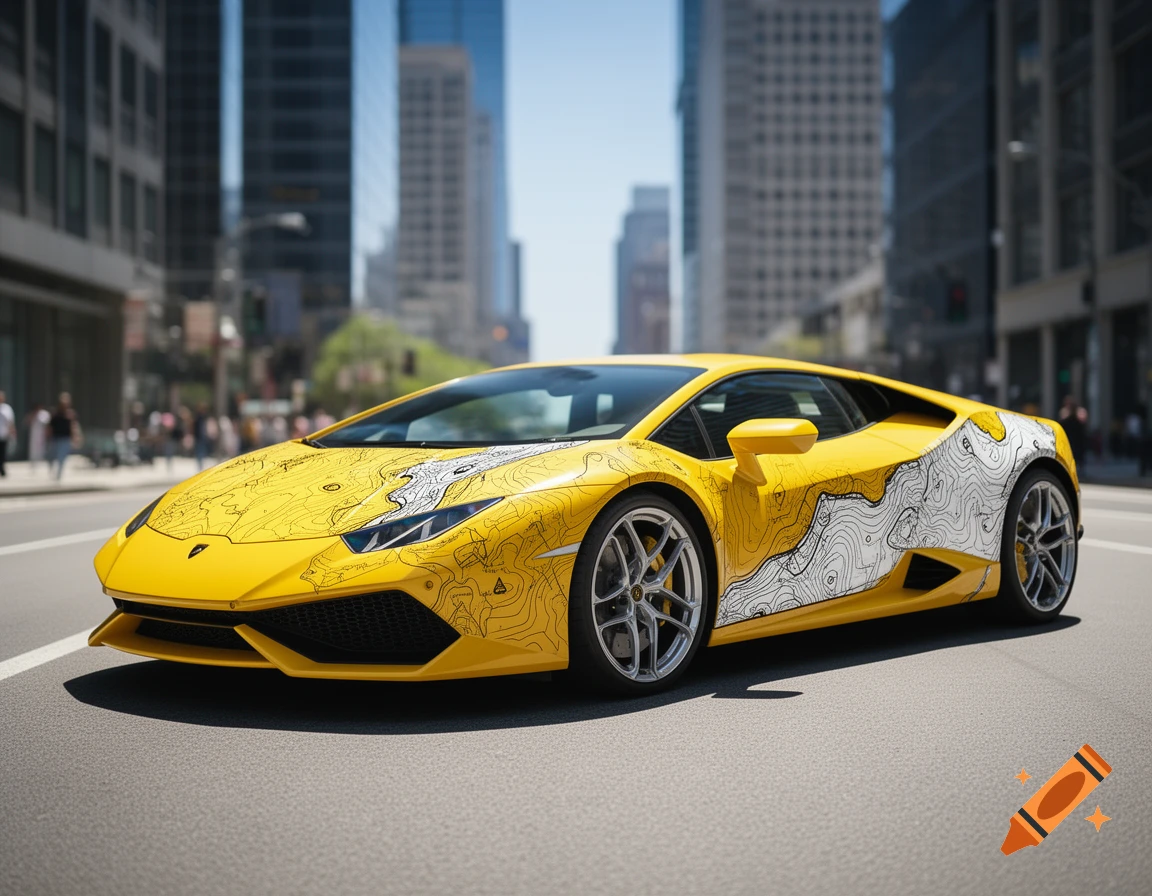 A yellow Lamborghini with a white topographical map design on its hood and sides is parked on a city street with tall buildings in the background.