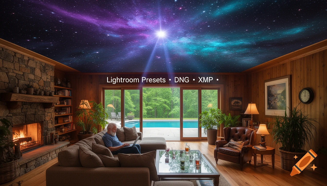 Rustic living room with a man on a couch, stone fireplace, and a ceiling blending into a cosmic galaxy with text overlays.