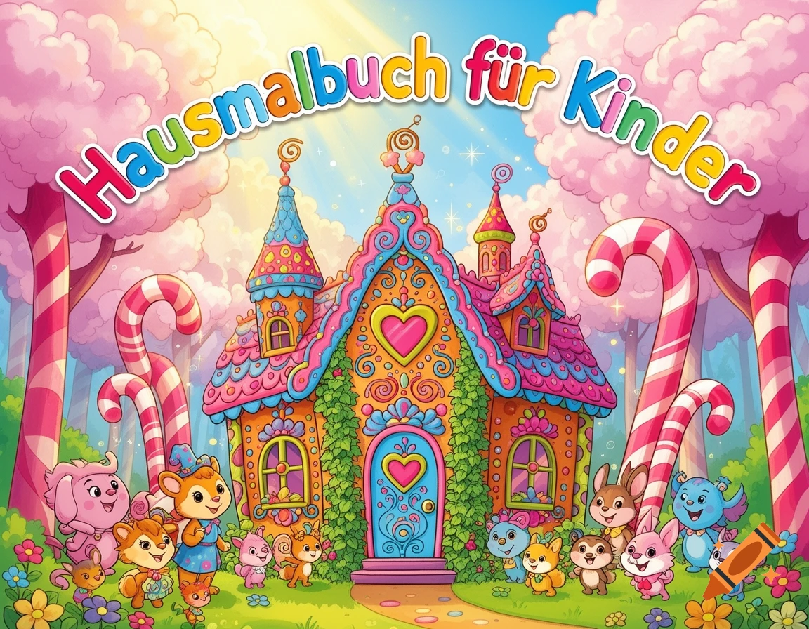 A vibrant cartoon illustration of a candy house with cute animals and candy cane trees, with the text 'Hausmalbuch für Kinder' at the top.