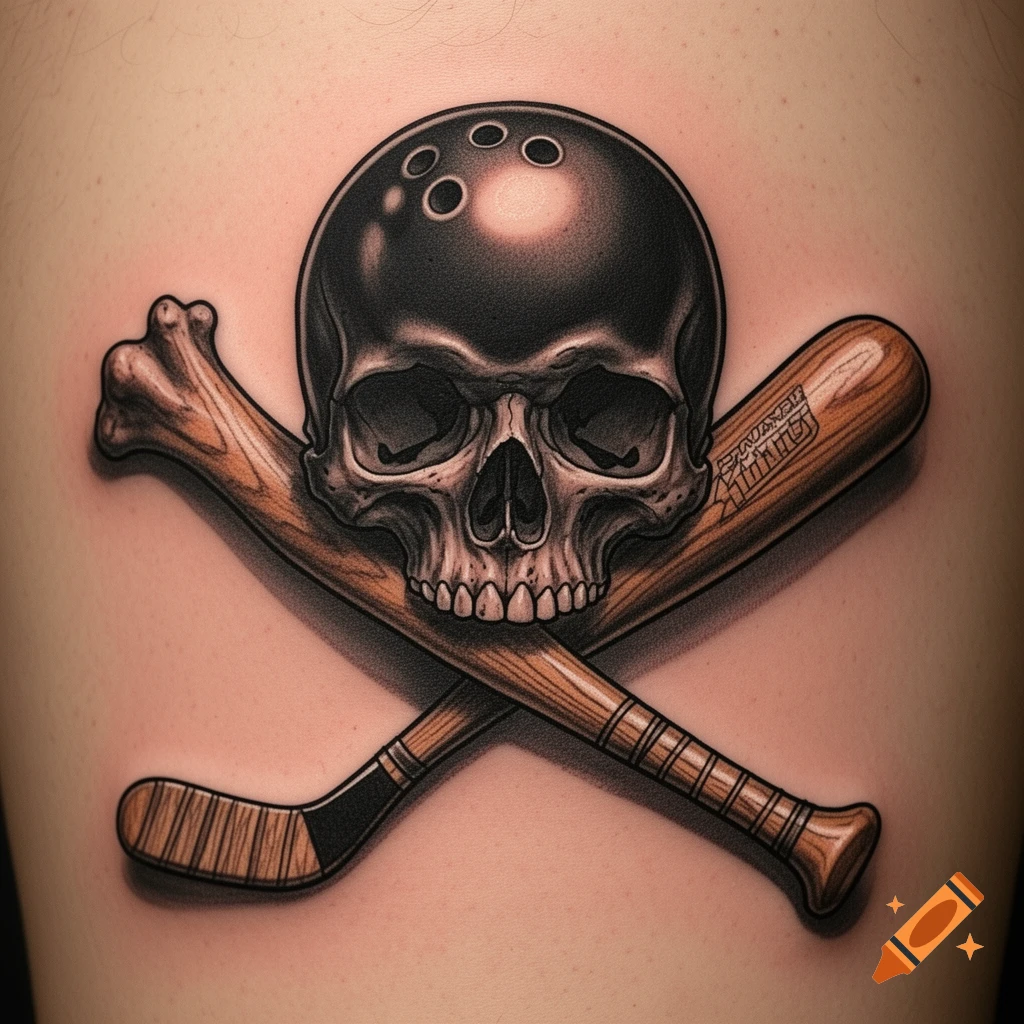 A stylized tattoo of a skull with a bowling ball top, crossed with a hockey stick and a baseball bat, on skin.
