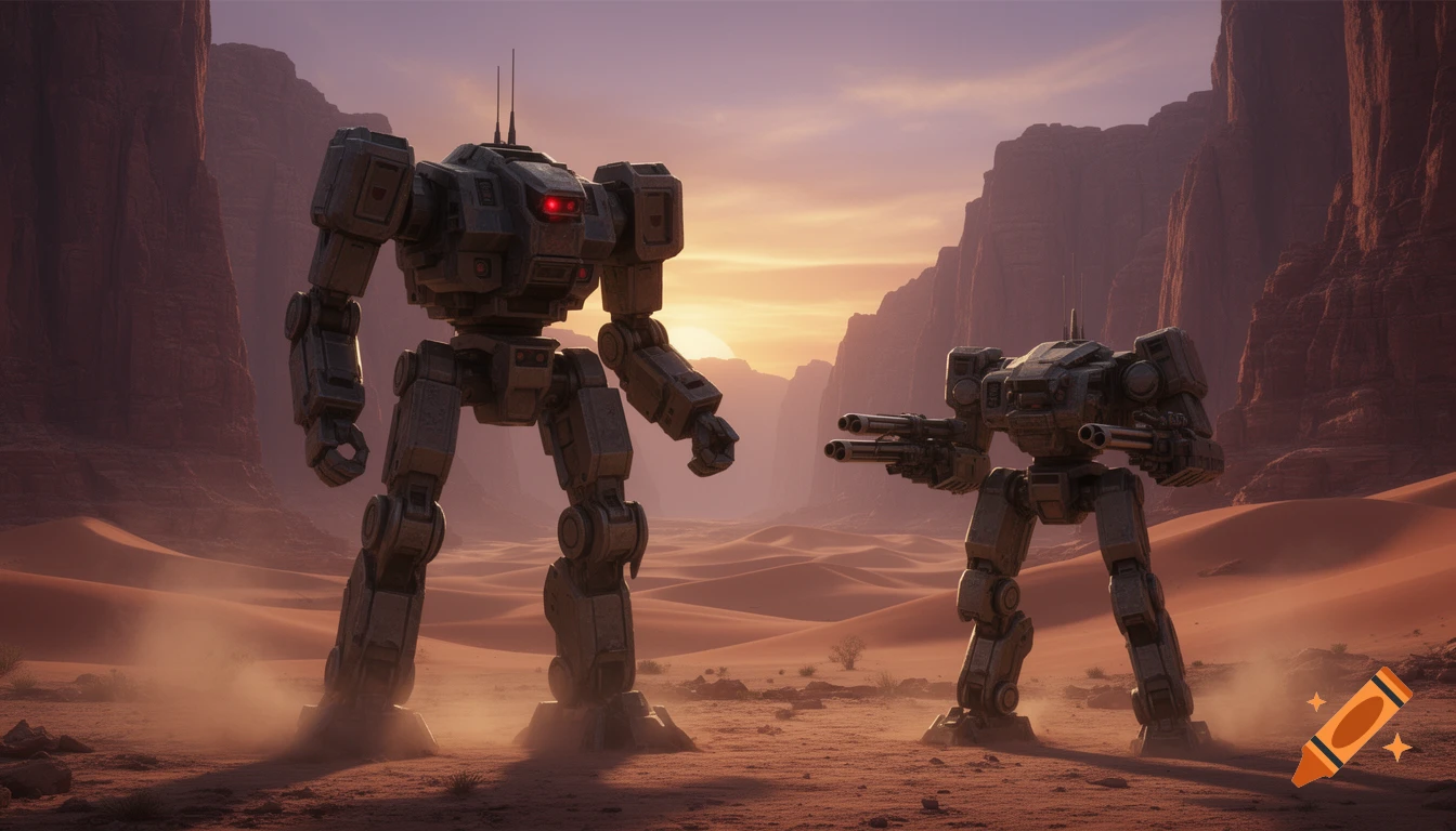 Two photorealistic BattleMechs, one large and one smaller with mounted guns, stand in a vast desert canyon at sunset.