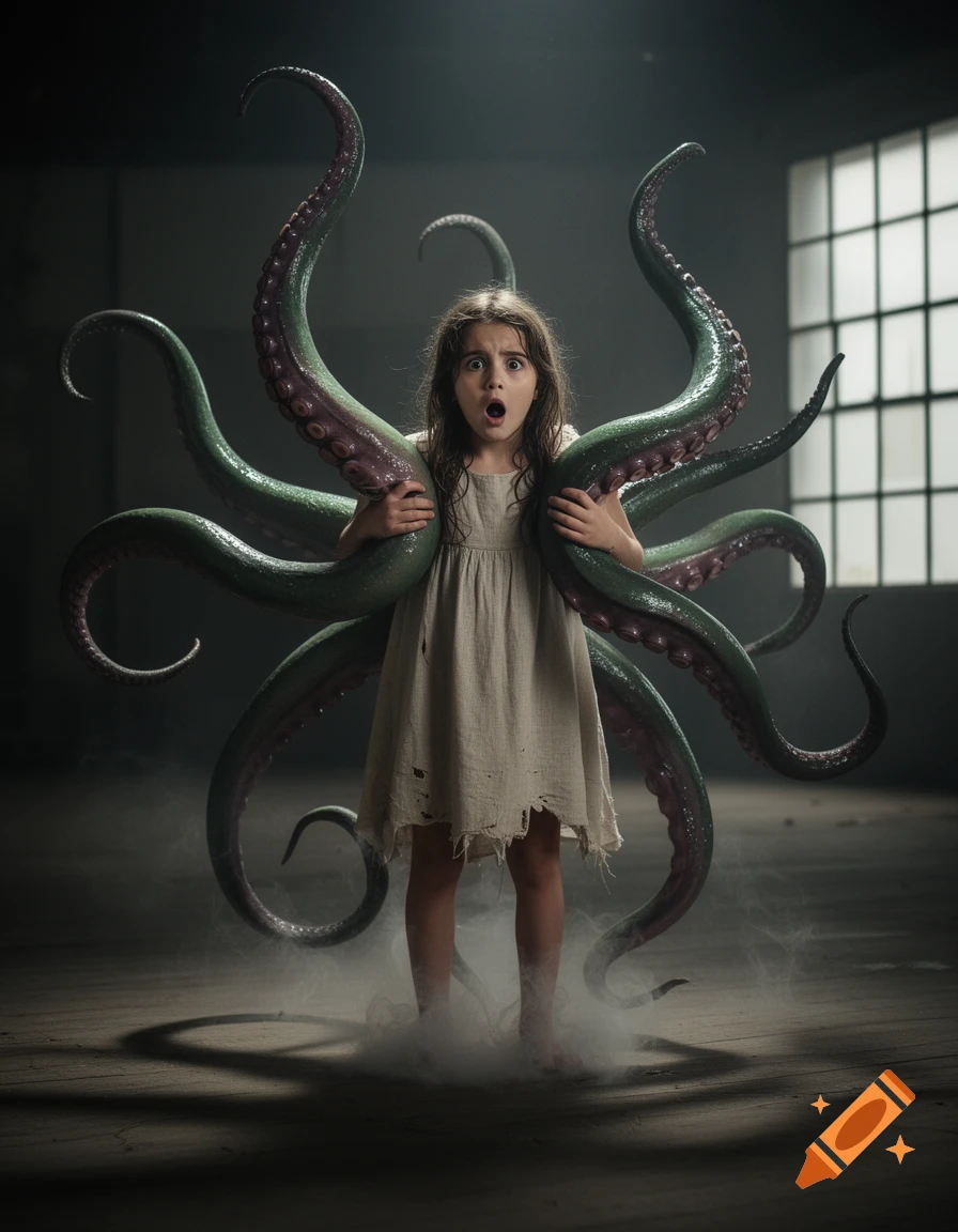 A photorealistic image of a shocked young girl surrounded by large green and purple tentacles in a smoky, dimly lit room.