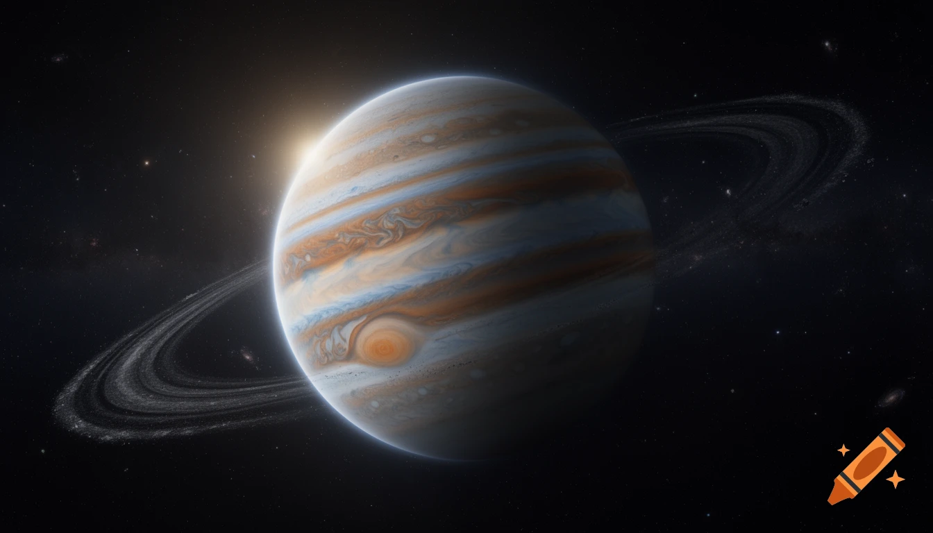 Photorealistic image of a ringed gas giant planet with a sunlit horizon and stars in the background.