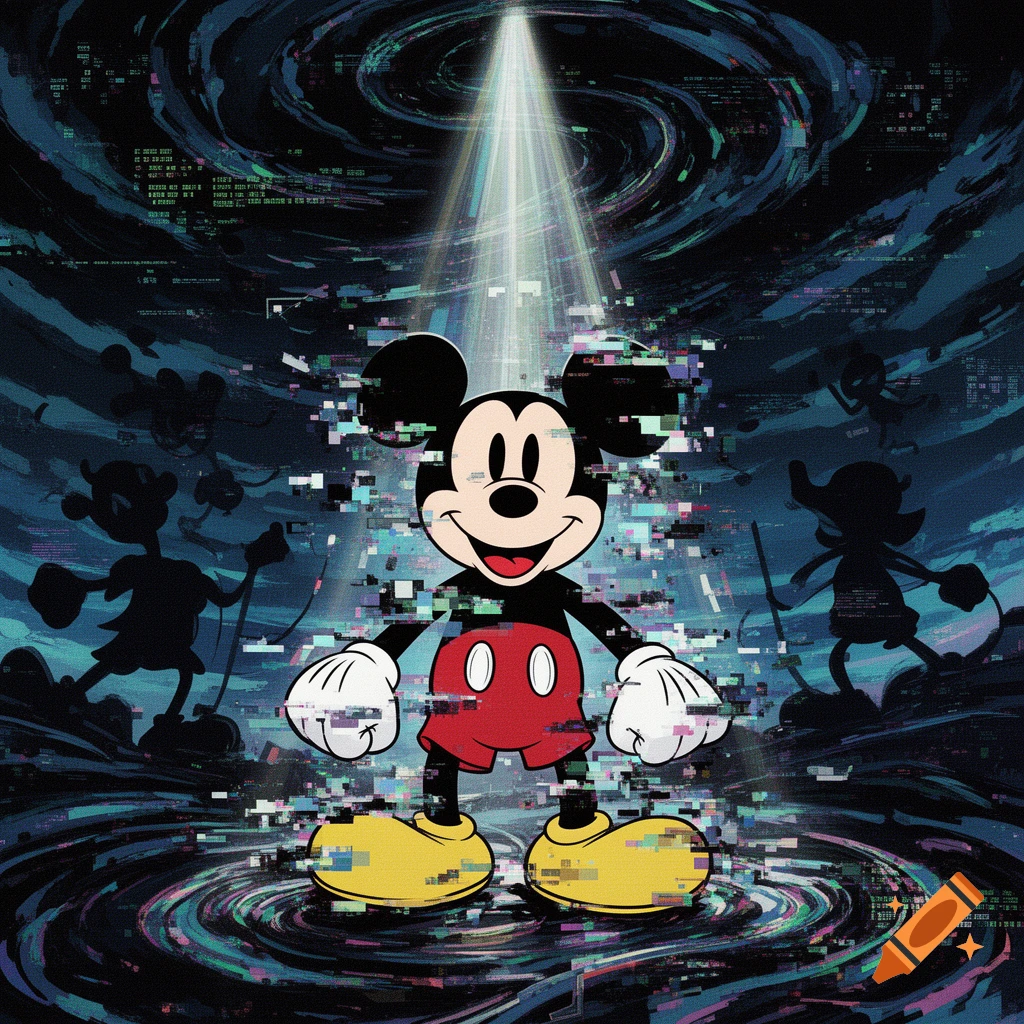 Mickey Mouse is consumed by a digital glitch effect, standing upright with a light beam above him and shadowy, distorted cartoon figures in the dark, swirling background.