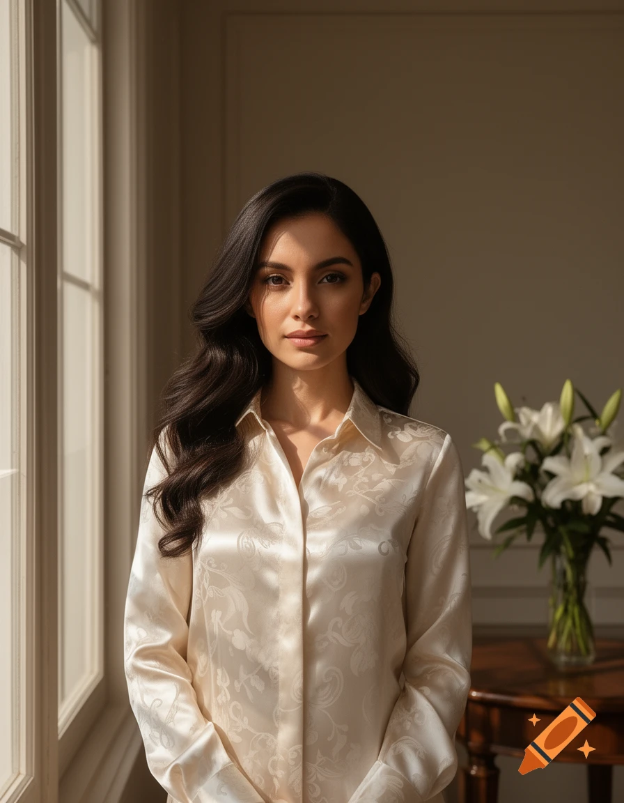 A young woman with dark hair wears a cream satin blouse with a subtle pattern, standing by a sunlit window indoors. Photorealistic.