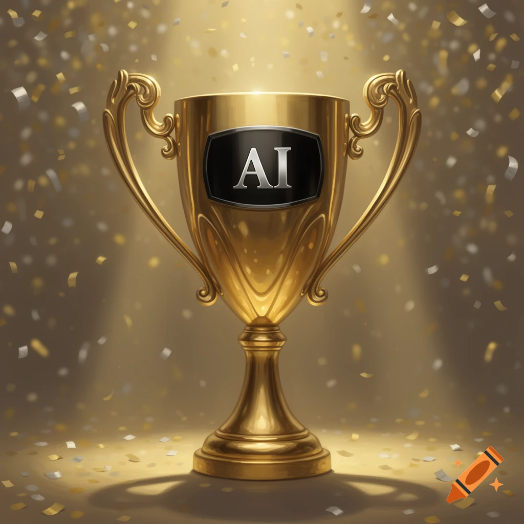 A gleaming gold trophy with 'AI' on a black plaque, under a spotlight, surrounded by falling confetti.
