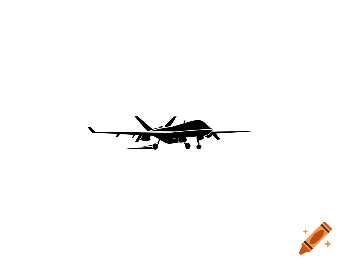 Black silhouette of a military drone with landing gear deployed, on a white background.