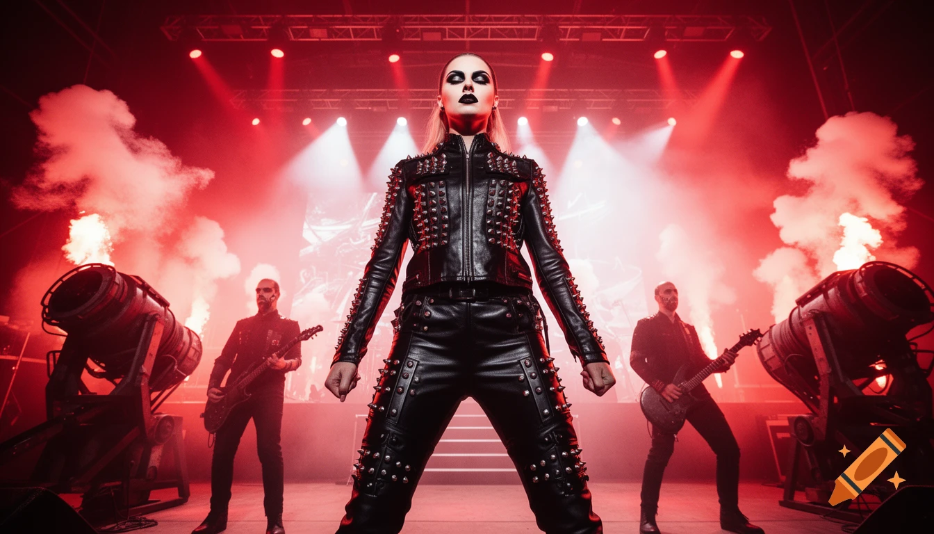A photorealistic woman in industrial-chic leather and metal attire sings on a dark, theatrical stage with red lights, smoke, and pyrotechnics, flanked by guitarists.