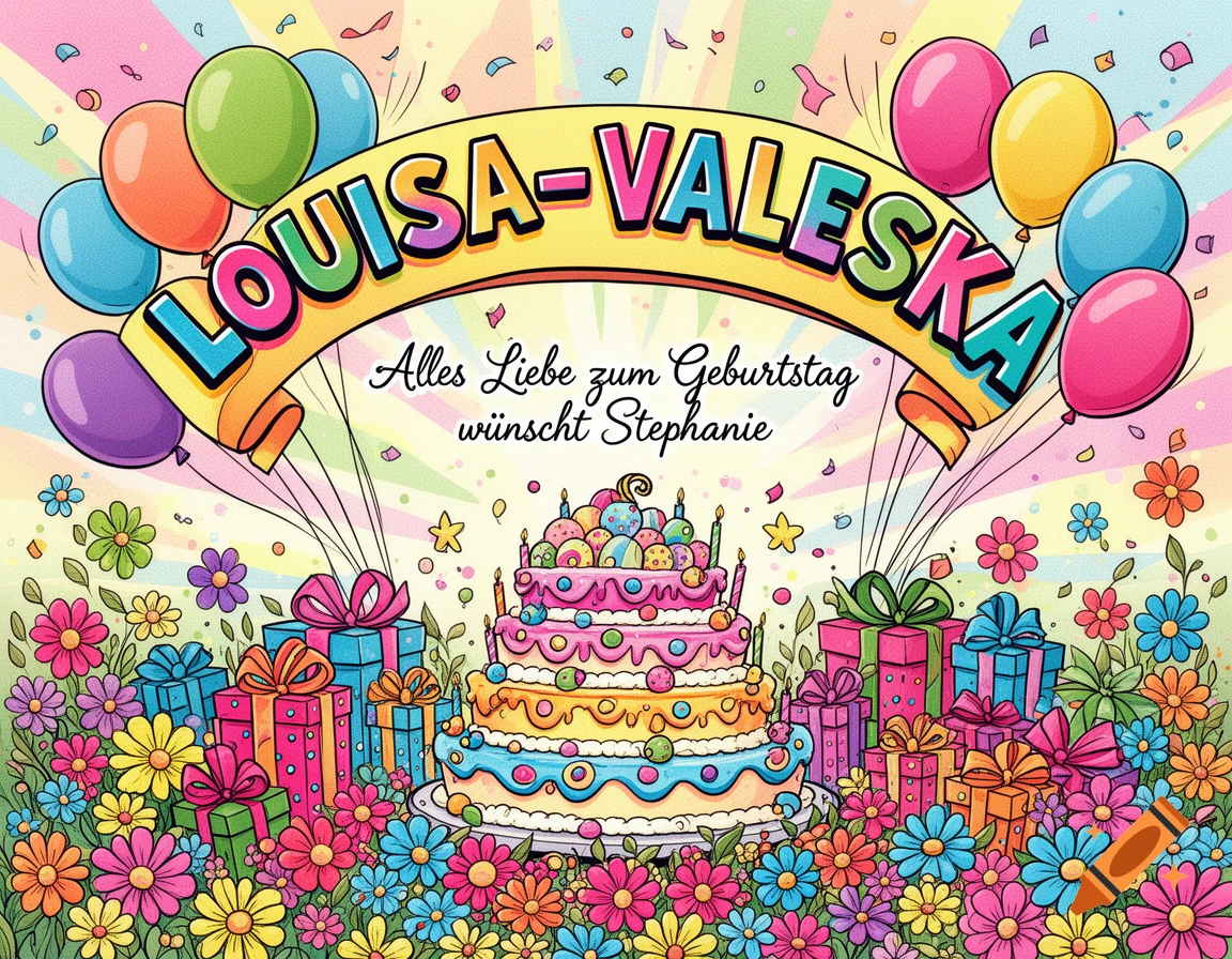 Vibrant cartoon birthday card with a multi-tiered cake, colorful presents, balloons, and flowers. Text says "LOUISA-VALESKA" and "Alles Liebe zum Geburtstag wünscht Stephanie".