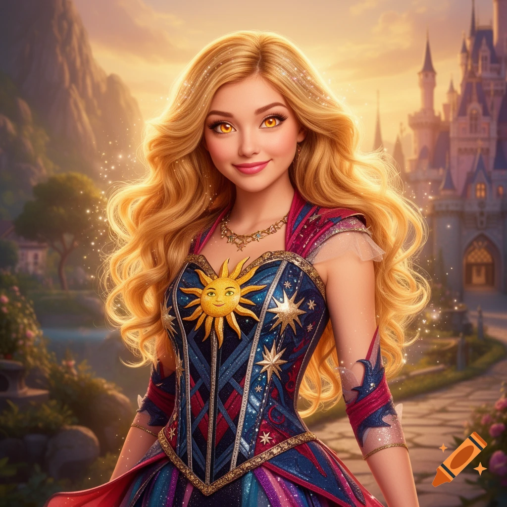 A smiling blonde woman in a vibrant fantasy dress with sun and star motifs, standing before a magical castle at sunset.