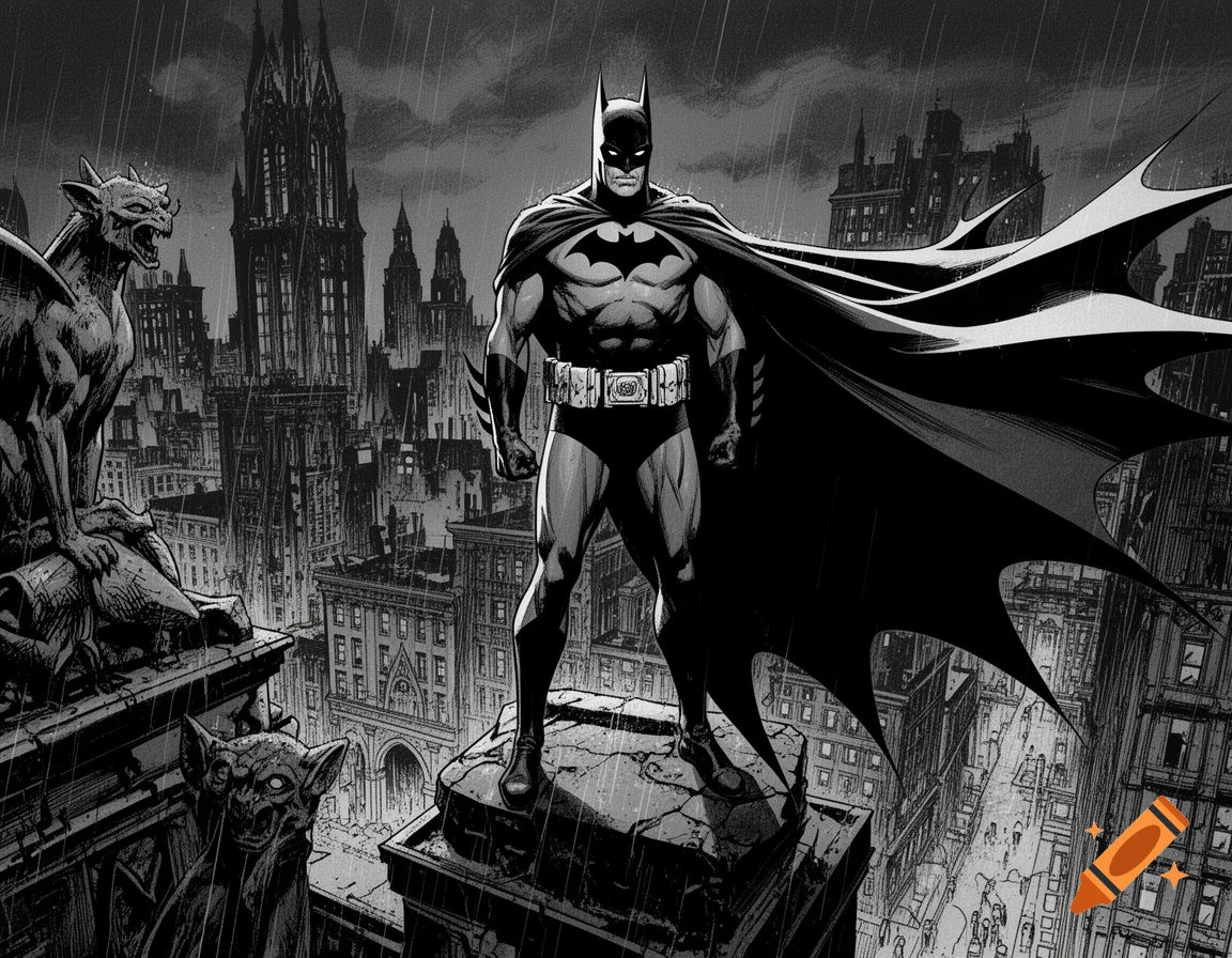 Batman stands atop a Gothic building, cape flowing, overlooking a rainy, black and white Gotham City.