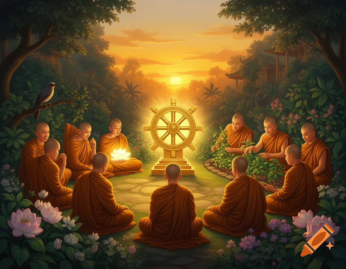 Eight Buddhist monks sit in a circle around a glowing golden Dharma wheel in a serene temple garden at sunrise, an artistic illustration.