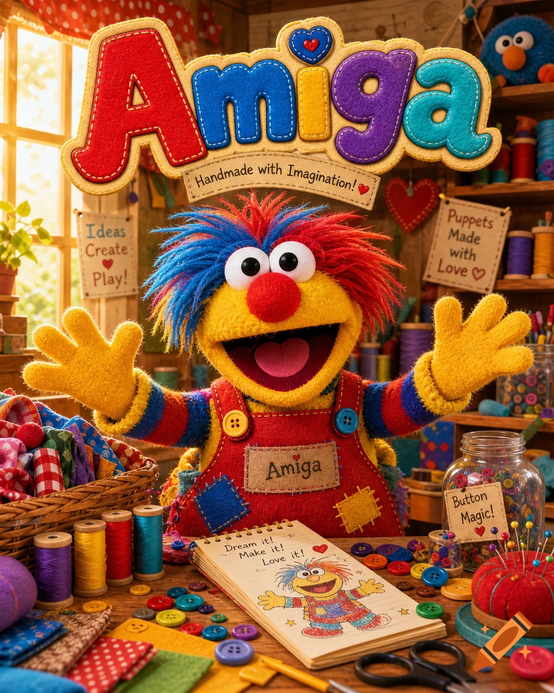 A cheerful, colorful Muppet-style puppet in a sunlit craft room with spools of thread and buttons, the word 'Amiga' is prominent.