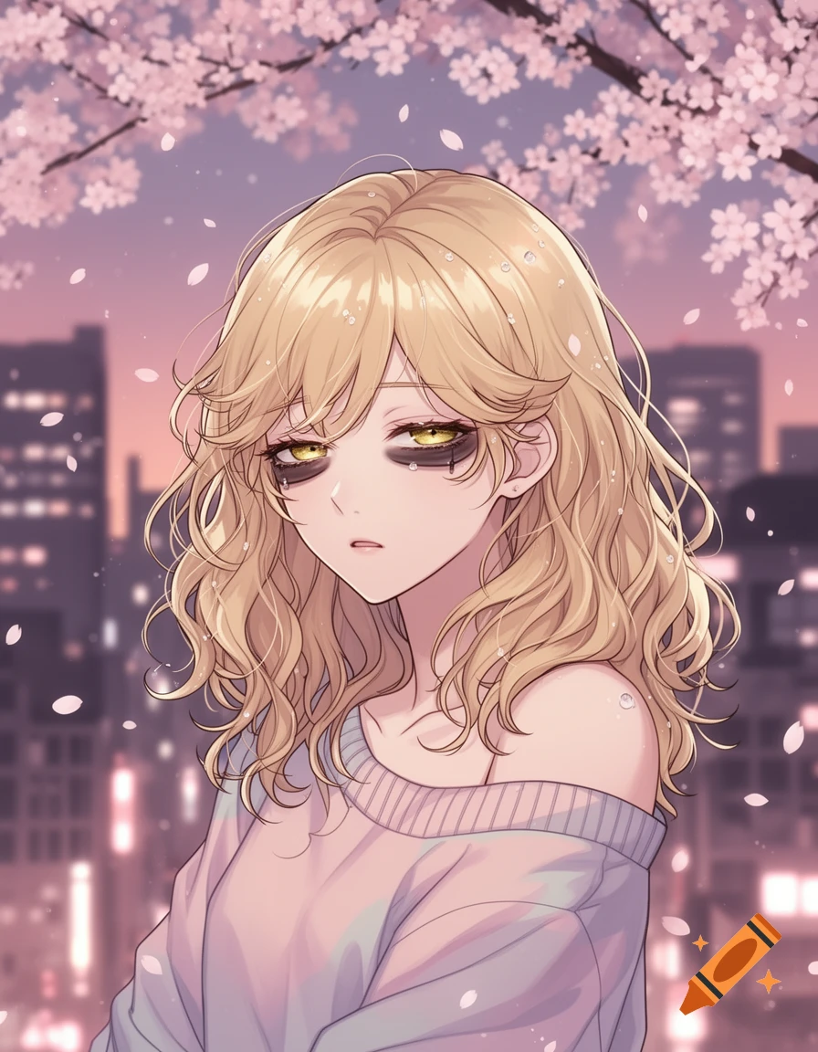 Anime portrait of a blonde girl with dark eye bags and sleepy golden eyes, under falling cherry blossoms with a city background.