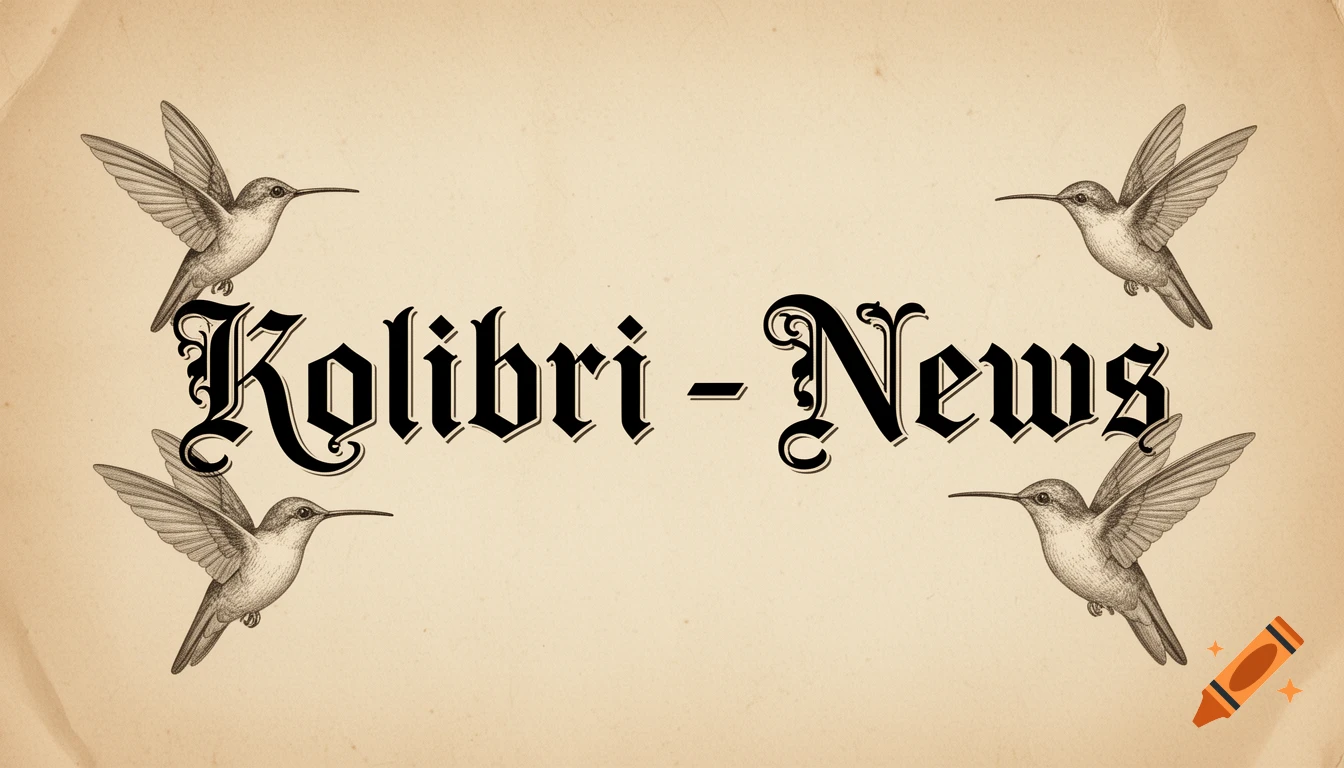 Vintage newspaper header 'Kolibri - News' in old English font, with four engraved hummingbirds on aged paper.