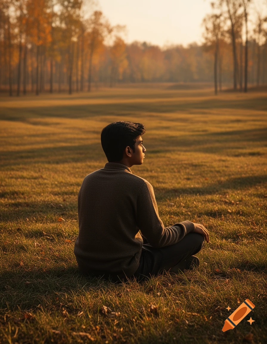 A young South Asian man sits on grass in an autumn field, gazing at the golden hour horizon, photorealistic.
