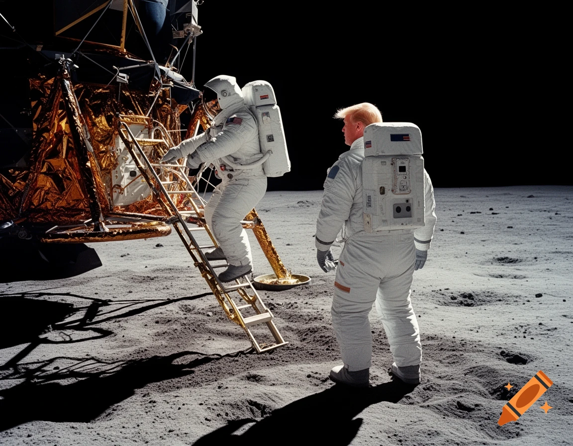 Two astronauts, one resembling Donald Trump, on the moon near a lunar lander; one climbs the ladder while the other stands facing away.